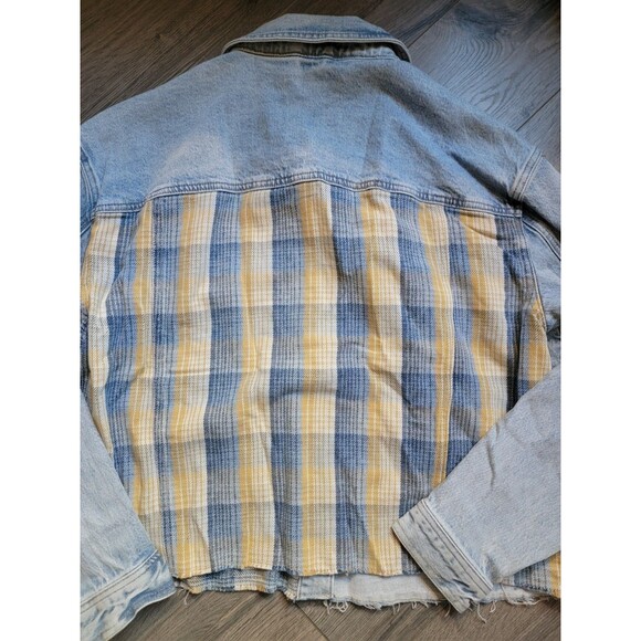Cleo + Wolf Size L Blue Plaid Mix Denim Button Jacket Open Edge Hem - Picture 2 of 4